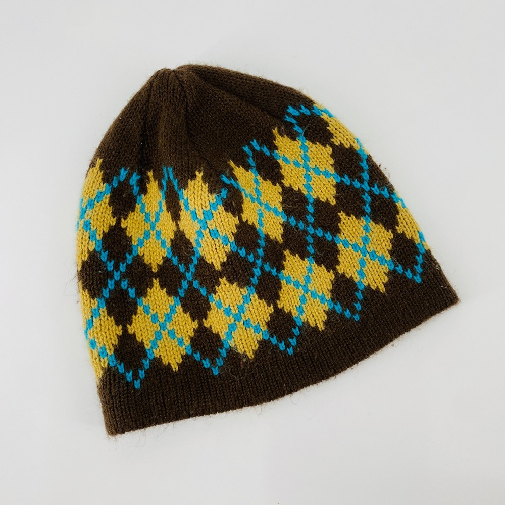 Vintage Aeropostale Y2K Argyle Beanie OS Brown Knit Winter Hat Geometric Pattern